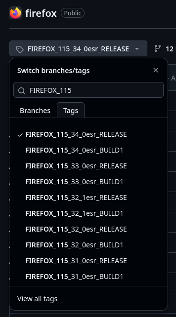 Вибір тега на GitHub (скріншот)
