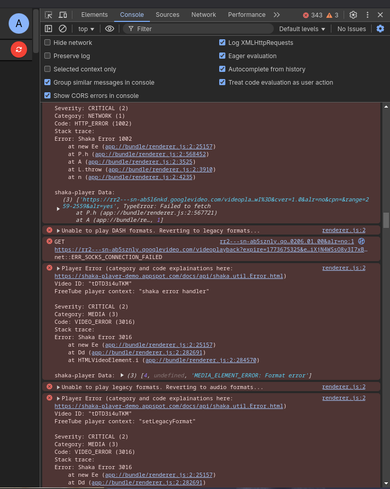 Спроба FreeTube з'єднатись на клір через проксі Yggstack (скріншот)